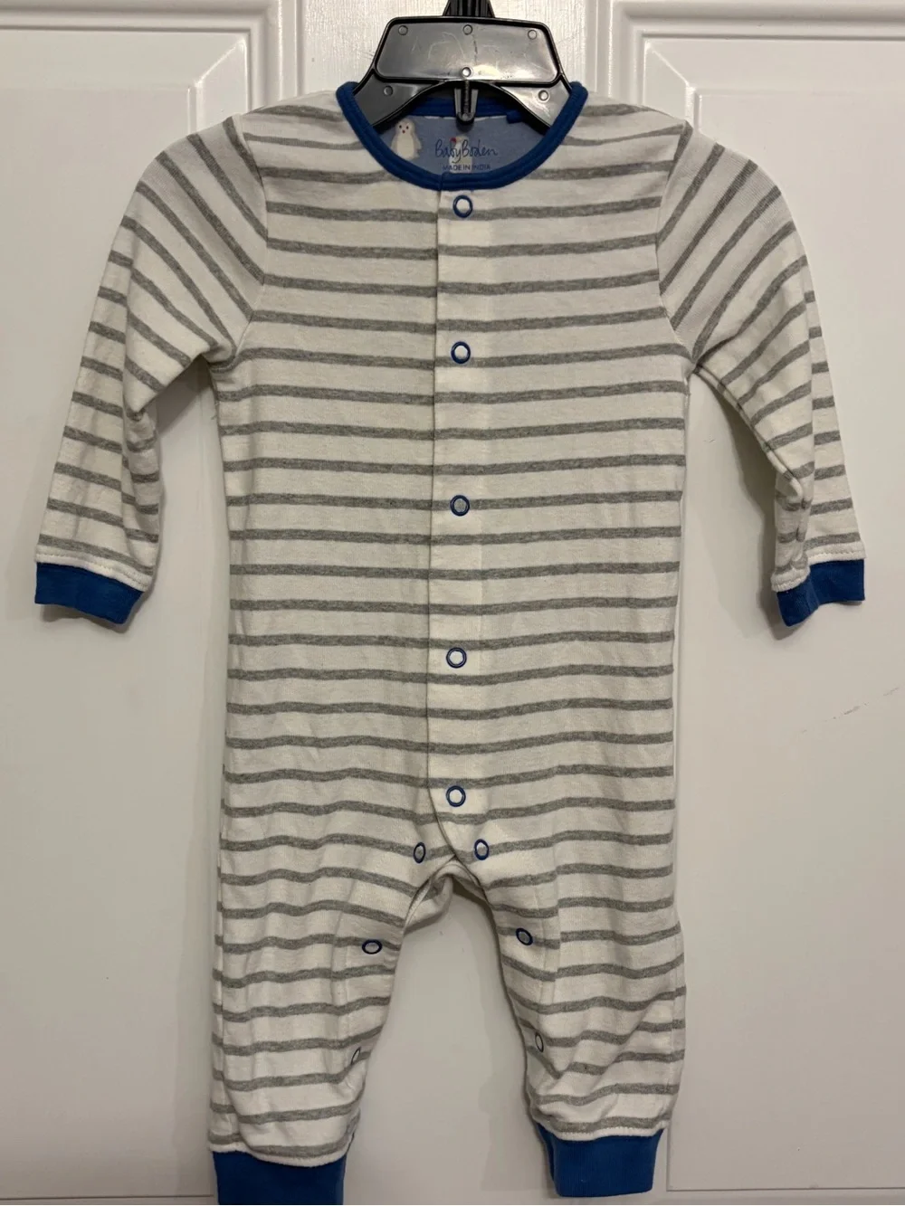 Baby Boden Gray & White Striped One-Piece with Blue Trim